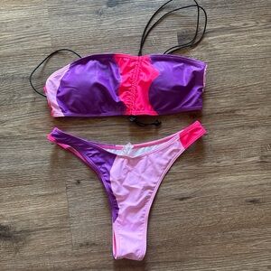 SHEIN Purple Pink Colorblock Bandeau Bikini Set